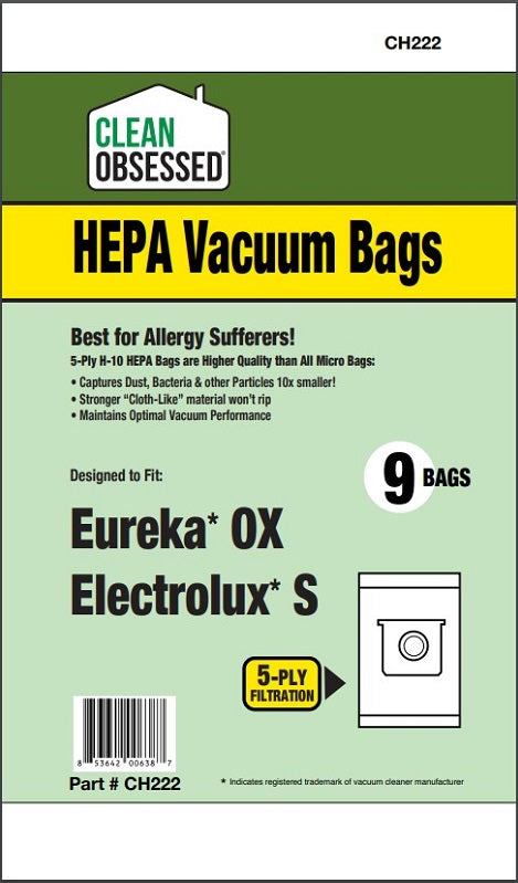 CLEAN OBSESSED EUREKA TYPE OX, ELECTROLUX TYPE S, HEPA BAGS, 9 PK