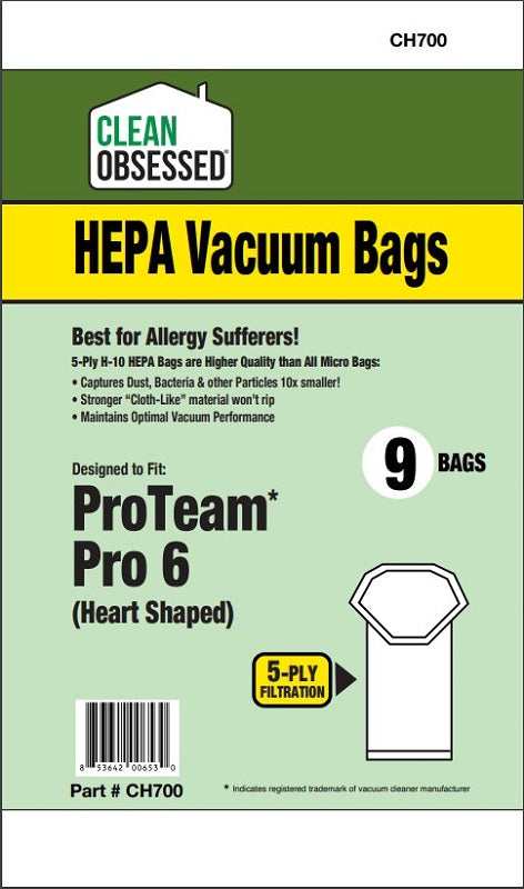 Clean Obsessed - ProTeam Pro 6 Quart HEPA Vacuum Bags - 9 Pack